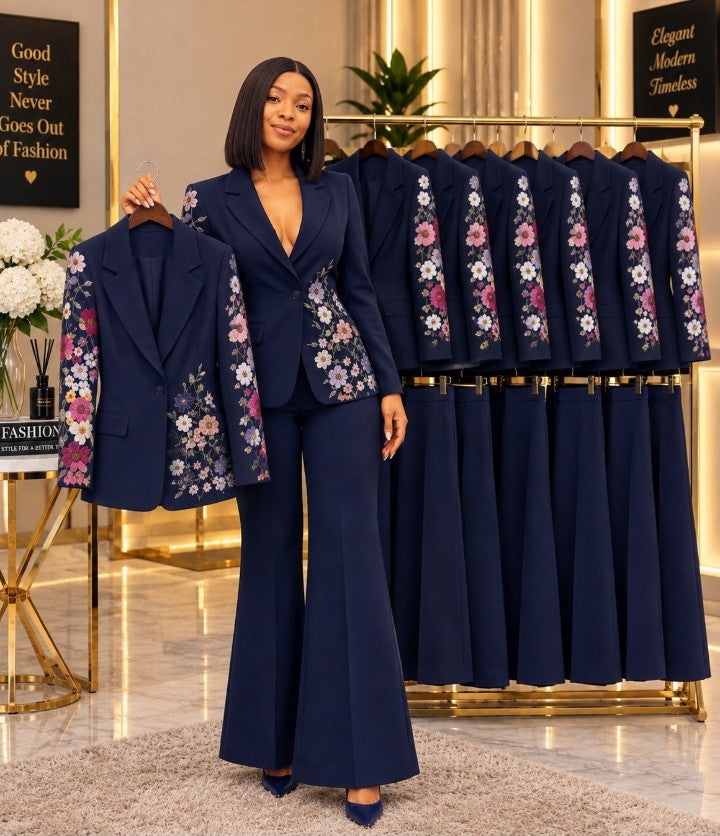 Luxury Navy Blue Floral Embroidered Women’s Two-Piece Pantsuit Set – Elegant Blazer and Flared Trousers