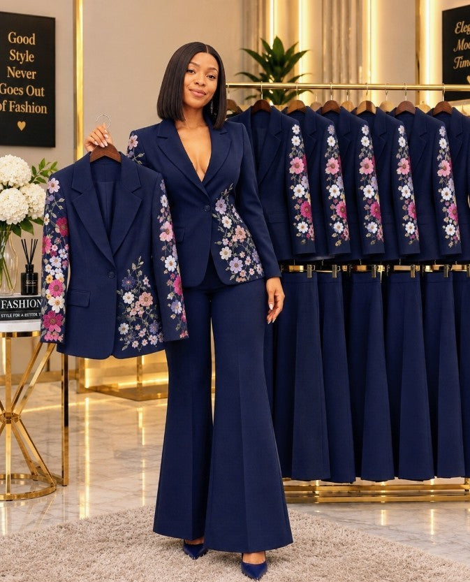 Luxury Navy Blue Floral Embroidered Women’s Two-Piece Pantsuit Set – Elegant Blazer and Flared Trousers