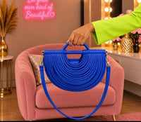Luxury Royal Blue Ribbed Half-Moon Handbag with Top Handle & Detachable Shoulder Strap