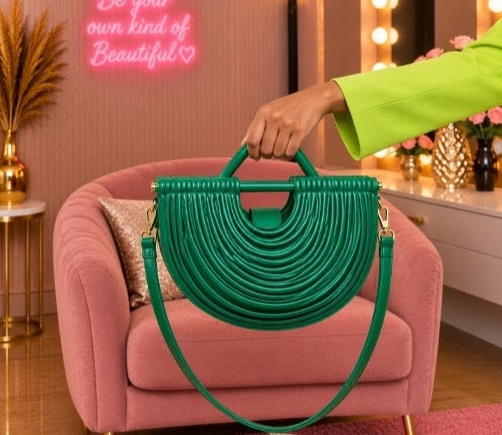 Luxury Emerald Green Half-Moon Handbag with Layered Ribbed Design, Sculpted Handle & Shoulder Strap