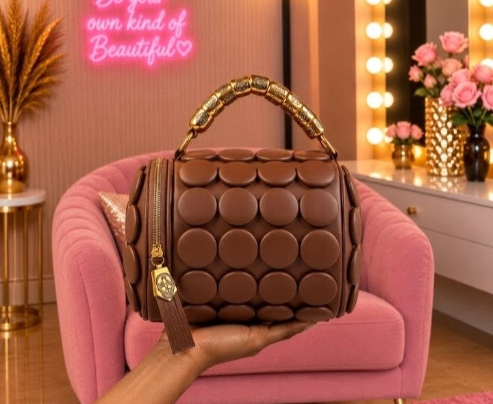 Luxury Chocolate Brown Bubble-Embossed Handbag with Gold-Tone Handle