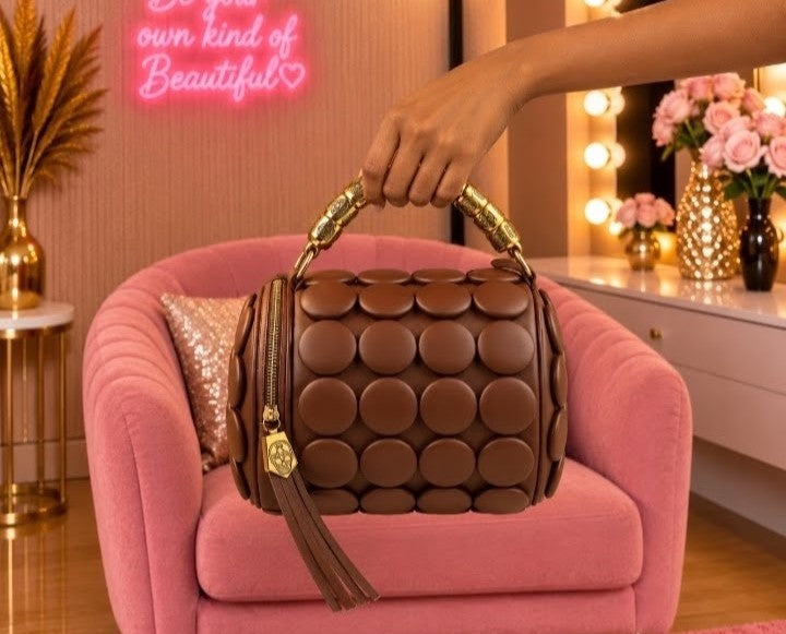 Luxury Chocolate Brown Bubble-Embossed Handbag with Gold-Tone Handle