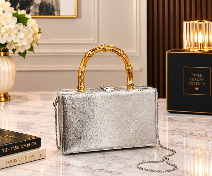 Luxury Silver Metallic Box Clutch Handbag with Gold Bamboo Handle