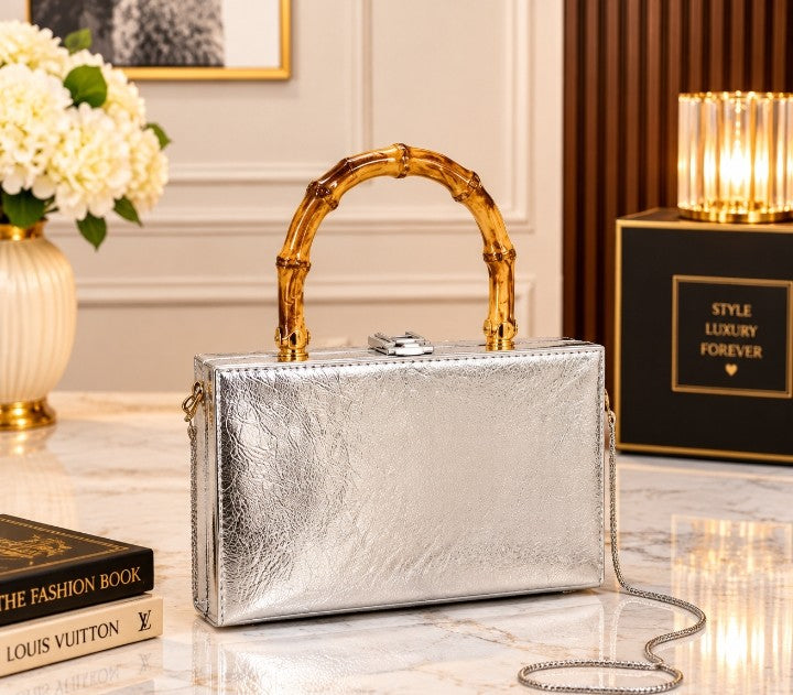 Luxury Silver Metallic Box Clutch Handbag with Gold Bamboo Handle