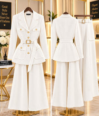 STYB Luxe White Gold-Button Blazer & Wide-Leg Pants Set