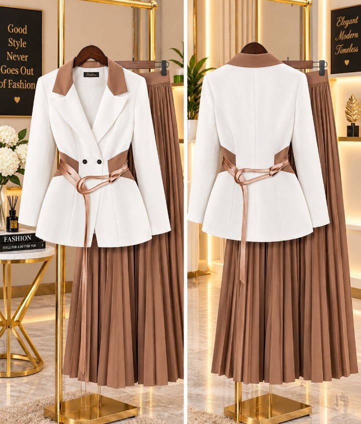 Styb Women's Autumn Contrast Color Lapel Collar Long Sleeve Blazer And Pants Elegant Commuting Suit Set Fall Cloth For Women