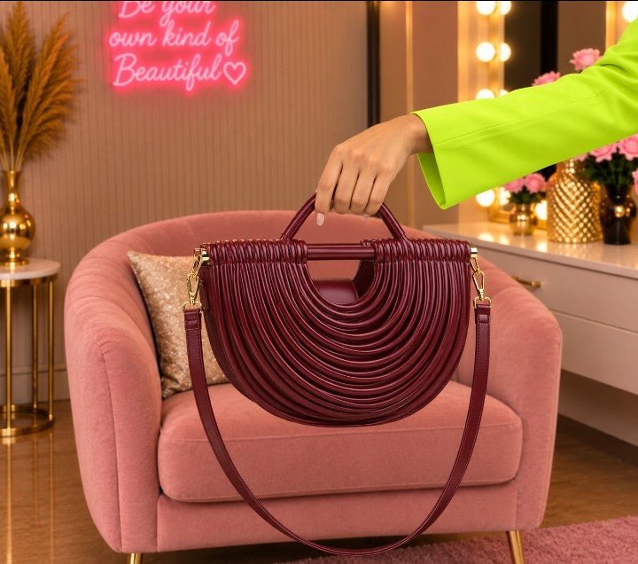 Luxury Burgundy Half-Moon Handbag with Curved Pleated Design, Gold-Tone Hardware & Shoulder Strap 🍷✨