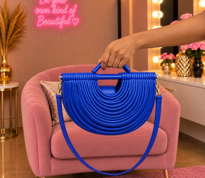 Luxury Royal Blue Half-Moon Handbag with Layered Ribbed Design, Sculpted Handle & Shoulder Strap