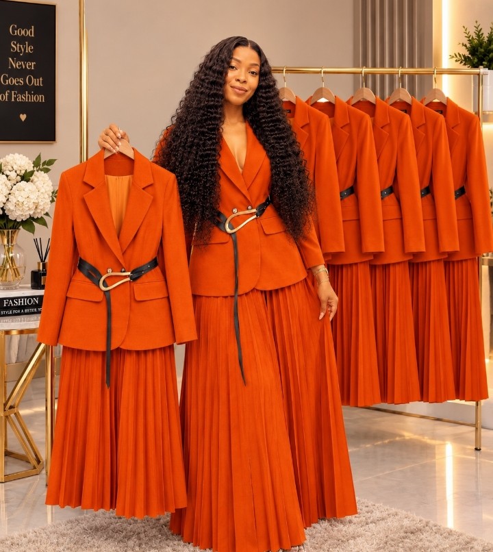 Luxury Orange Blazer & Pleated Skirt Two-Piece Set – Women’s Elegant Office Wear