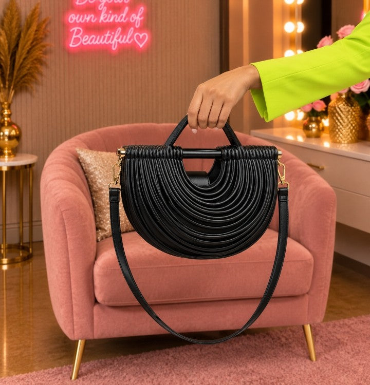 Luxury Black Half-Moon Handbag with Curved Pleated Design, Gold-Tone Hardware & Shoulder Strap 🖤✨