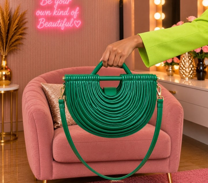 Luxury Emerald Green Half-Moon Handbag with Layered Ribbed Design, Sculpted Handle & Shoulder Strap