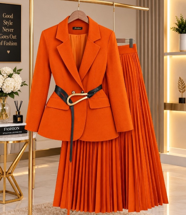 Luxury Orange Blazer & Pleated Skirt Two-Piece Set – Women’s Elegant Office Wear