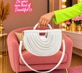 Luxury White Half-Moon Handbag with Curved Pleated Design, Gold Hardware & Shoulder Strap 🤍✨