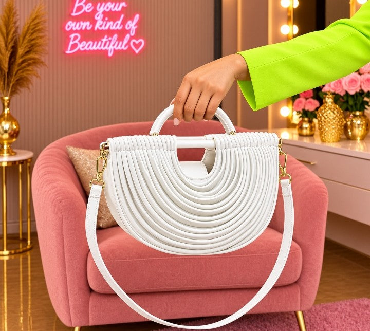 Luxury White Half-Moon Handbag with Curved Pleated Design, Gold Hardware & Shoulder Strap 🤍✨
