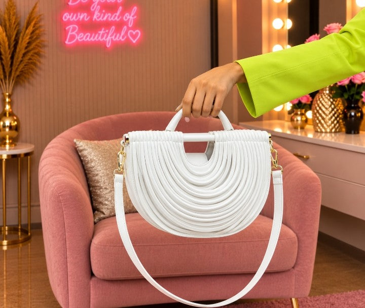 Luxury White Half-Moon Handbag with Curved Pleated Design, Gold Hardware & Shoulder Strap 🤍✨