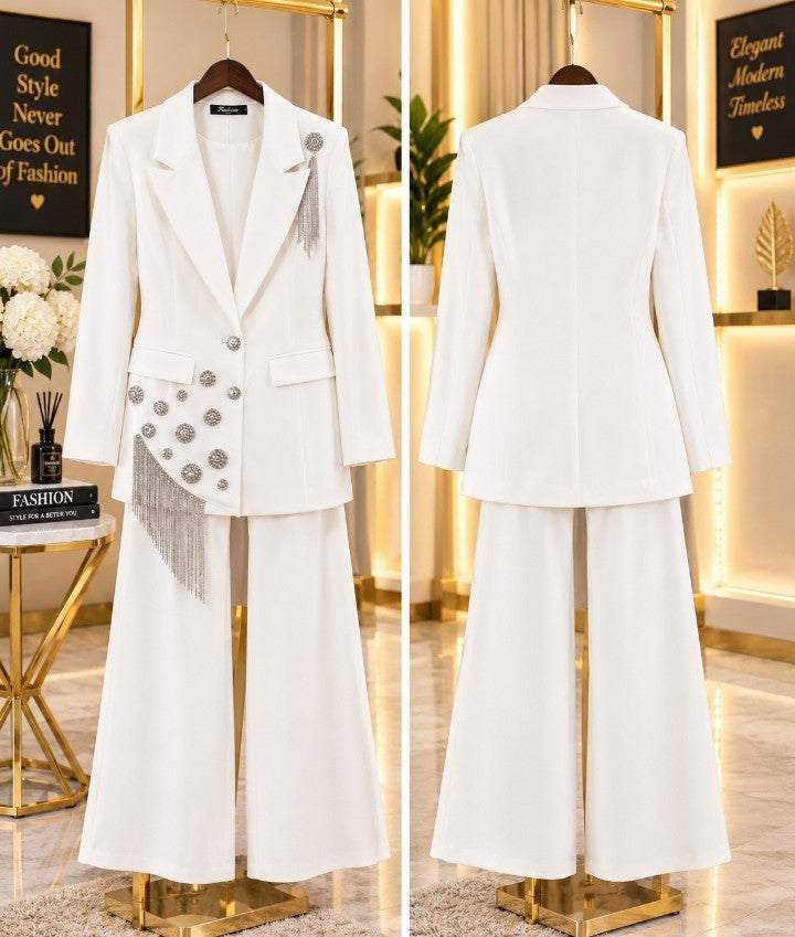 Luxury Ivory White Embellished Blazer & Wide-Leg Trousers Two-Piece Set – Elegant Women’s Fashion Suit