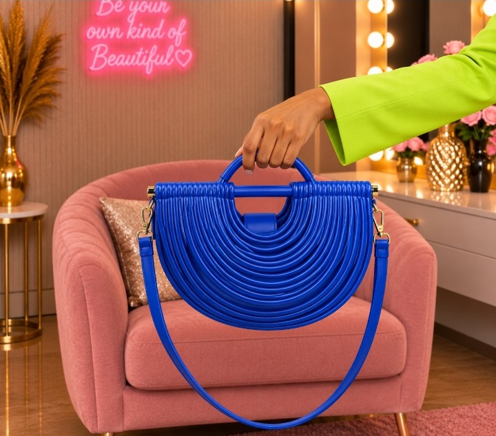 Luxury Royal Blue Half-Moon Handbag with Layered Ribbed Design, Sculpted Handle & Shoulder Strap