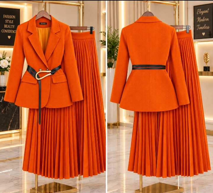 Luxury Orange Blazer & Pleated Skirt Two-Piece Set – Women’s Elegant Office Wear